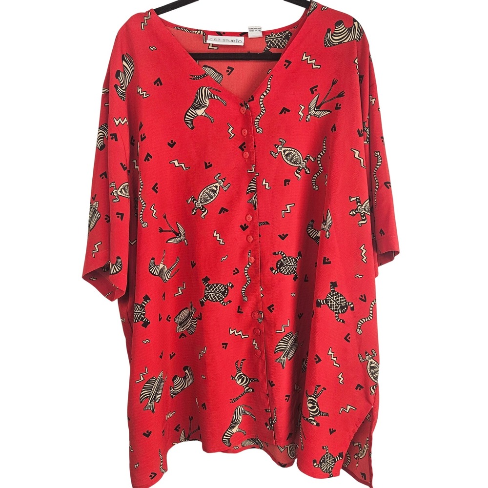 C.S.T. Studio Womens 5X Red Animal Print Button Front Tunic Blouse Zebra  5XL